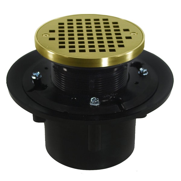 Jones Stephens 2inX3in Heavy Duty ABS Drain Base, 3-1/2in Plastic Spud, 5in Polished Brass Strainer, Ring D49028 - main